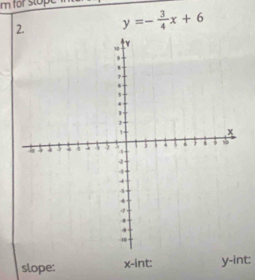 for stope 
2.
y=- 3/4 x+6
x -int: 
slope: y -int: