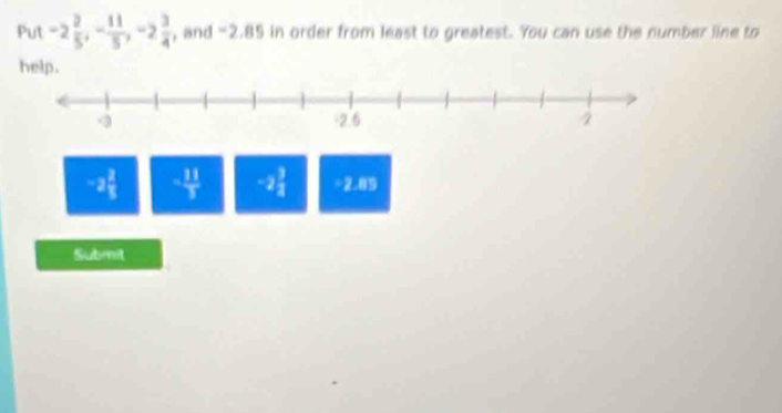 Put -2 2/5 , - 11/5 , -2 3/4  , and =2.85 in order from least to greatest. You can use the number line to 
help.
-2 2/5  = 11/3  -2 3/2  =2.89
Submit