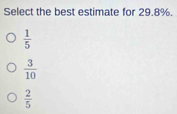 Select the best estimate for 29.8%.
 1/5 
 3/10 
 2/5 