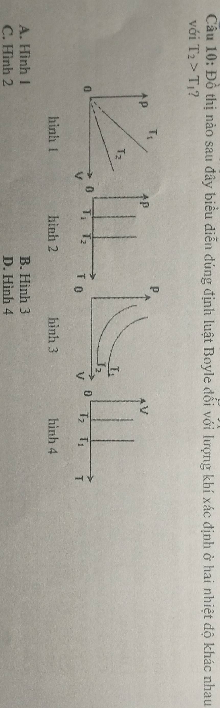 Đồ thị nào sau đây biểu diễn đúng định luật Boyle đối với lượng khí xác định ở hai nhiệt độ khác nhau
với T_2>T_1 ?
T_1
p
T_2
0
V
hình 1 hình 2 hình 3 hình 4
A. Hình 1 B. Hình 3
C. Hình 2 D. Hình 4