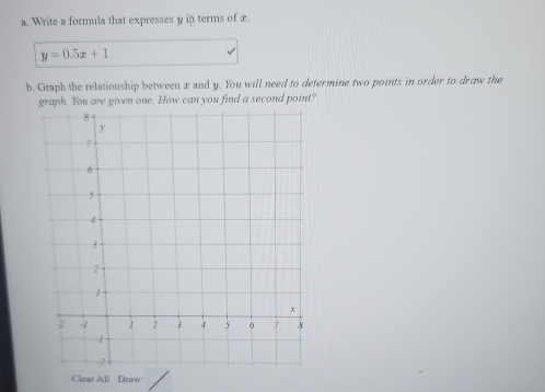 Write a formula that expresses y in terms of x.
y=0.5x+1
b. Graph the relationship between x and y. You will need to determine two points in order to draw the 
graph. You are given one. How can you find a second point? 
Clear All Draw: