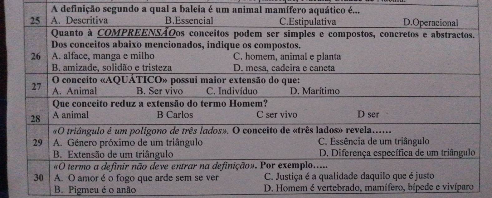 A definição segundo a qual a baleia é um animal mam
B. Pigmeu é o anão D. Homem é