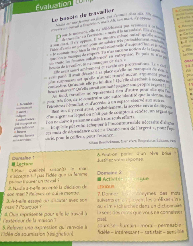 Évaluation com
Le besoin de travailler
Nadia est une emme au foyer, qui s'ennuie c ezl l   E l   m θ Comple
a Nadi 
trouver un travail à l'extérieur, mais Ali, son mari, s y oppose msts form
Dour le moment, elle ne réfléchissait pas vraiment à ce 9.Remp Quk 5
L de travailler « à l'extérieur » mais il la taraudait'. Elle s'en   
son mari. Il s'y opposa. Il se montra même outré' qu'elle acop des mo
l'idée d'avoir un patron pour un salaire très probablement miséra a.Ce be
« Je connais trop bien la vie professionnelle d'aujourd'hui et je r (tourm
que l'on te manque de respect. Tu n'as aucune notion de la façon dos b. l s
(acce
on traite les femmes subalternes’ en entreprise. Et puis tu n'as p sition c. Elle
besoin de travailler, tu ne manques de rien. »
Elle avait souri amèrement et ravalé ses protestations. Le « che GRA 10.
10 avait parlé. Il avait décrété à sa place qu'elle ne manquait de rien l
plus surprenant est qu'elle n'aurait trouvé aucun argument pour Ali
qu
contredire. Qu'aurait-elle pu lui dire ? Qu'elle cherchait à occuper s pro
heures oisives*? Qu’elle aurait souhaité gagner son propre argent? |... 11
Au fond, travailler ne représentait rien d'autre pour elle que l'es le
1 . taraudaît :  poir, très flou, de se construire une autre identité que la sienne, d
tourmentait l'étroitesse l'étouffait, et d'accéder à un espace réservé aux autres.
2. outré : Bien sur, il y avait aussi, probablement, la secrète envie de dispose
indigné.
3. subalternes : d'un argent sur lequel on n'ait pas de comptes à rendre, un argent que
qui occupent un l'on ne doive à personne mais à nos seuls efforts.
poste inférieur. 26 Et qu'elle pût enfin échapper à l'incontournable nécessité d'aligner
4. heures
oisives : heures ces mots de dépendance crue : « Donne-moi de l'argent », pour l'épj
sans activités. cerie, pour le coiffeur, pour l’essence...
Siham Benchekroun, Oser vivre, Empreintes Éditions, 1999
Domaine 1 6.Peut-on parler d'un rêve brisé ?
⊥ecture Justifiez votre réponse.
1 Pour quelle(s) raison(s) le mari
n'accepte-t-il pas l'idée que sa femme Domaine 2
puisse trouver un travail ?  Activités de tengue
2. Nadia a-t-elle accepté la décision de LEXIQUE
son mari ? Relevez ce qui le montre. 7. Donnez o  ntonymes des mots
3.A-t-elle essayé de discuter avec son suivants en amployant les préfixes « in»
mari ? Pourquoi ? ou « im » (cherchez dans un dictionnaire
4. Que représente pour elle le travail à le sens des mots que vous ne connaissez
l'extérieur de la maison ? pas).
5. Relevez une expression qui renvoie à soumise - humain - moral - perméable-
l'idée de soumission (résignation).  fidèle - intéressant - satisfait - sensible