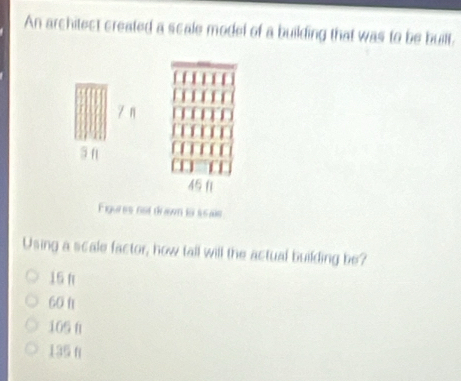 An architect created a scale model of a building that was to be buitt.
5 n
45 f
Figures not drawn 19 15ae
Using a scale factor, how tall will the actual building be?
15
60 1
105 f
135 f