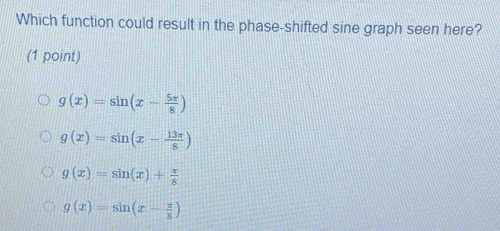 Which function could result in the phase-shifted sine graph seen here?
(1 point)
g(x)=sin (x- 5π /8 )
g(x)=sin (x- 13π /8 )
g(x)=sin (x)+ π /8 
g(x)=sin (x- π /8 )