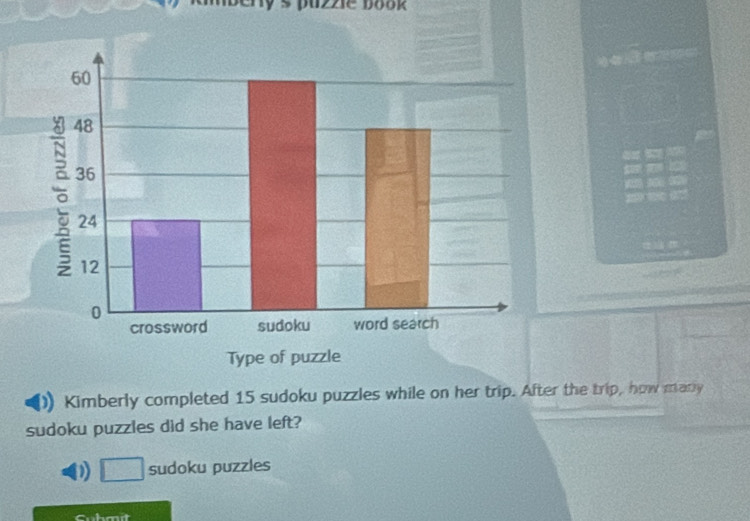 dook
Kimberly completed 15 sudoku puzzles while on her trip. After the trip, how many
sudoku puzzles did she have left?
D sudoku puzzles
Cuhmit