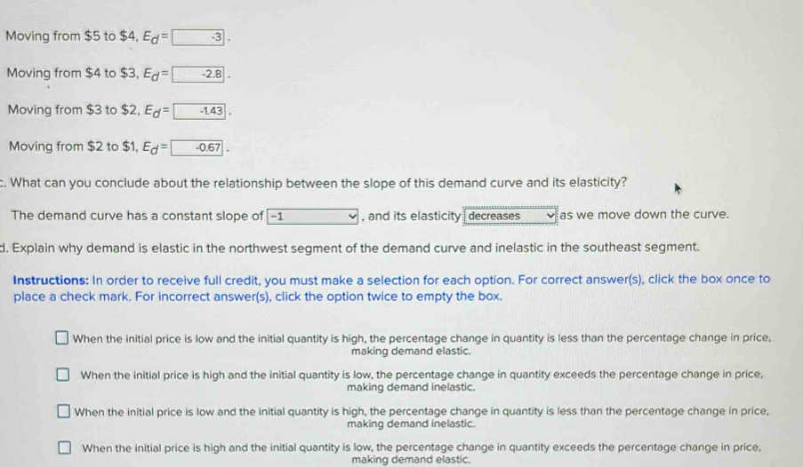 Moving from $5 to $4, E_d=-3.
Moving from $4 to $3, E_d=-2.8.
Moving from $3 to $2, E_d=-1.43.
Moving from $2 to $1, E_d=-0.67. 
c. What can you conclude about the relationship between the slope of this demand curve and its elasticity?
The demand curve has a constant slope of [ -1 , and its elasticity decreases as we move down the curve.
d. Explain why demand is elastic in the northwest segment of the demand curve and inelastic in the southeast segment.
Instructions: In order to receive full credit, you must make a selection for each option. For correct answer(s), click the box once to
place a check mark. For incorrect answer(s), click the option twice to empty the box.
When the initial price is low and the initial quantity is high, the percentage change in quantity is less than the percentage change in price,
making demand elastic.
When the initial price is high and the initial quantity is low, the percentage change in quantity exceeds the percentage change in price,
making demand inelastic.
When the initial price is low and the initial quantity is high, the percentage change in quantity is less than the percentage change in price,
making demand inelastic.
When the initial price is high and the initial quantity is low, the percentage change in quantity exceeds the percentage change in price,
making demand elastic.