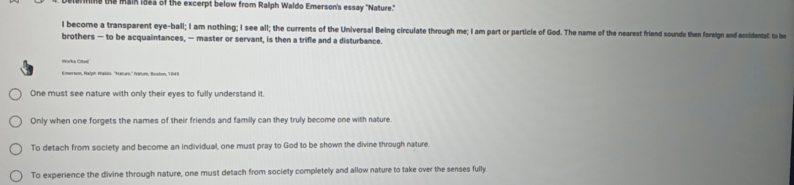 Solved: elerming the main idea of the excerpt below from Ralph Waldo ...