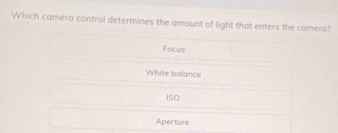 Which camera control determines the amount of light that enters the camera?
Focus
White balance
ISO
Aperture