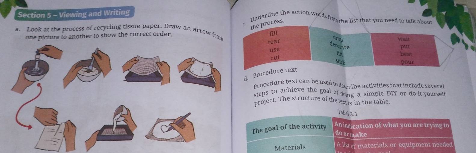 Viewing and Writing 
Underline the action words from the list that you need to talk abou 
ess. 
a. Look at the process of recycling tissue paper. Draw an arrow from 
one picture to another to show the correct order. 
. Proc 
Procedure text can be used to describe activities that include several 
steps to achieve the goal of doing a simple DIY or do-it-yourself 
project. The structure of the textis in the table. 
Tabel 3.1 
The goal of the activity 
An indication of what you are trying to 
do ormake 
Materials A list of materials or equipment needed