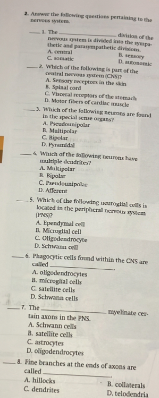 Answer the following questions pertaining to the
nervous system.
_1. The_
division of the
nervous system is divided into the sympa-
thetic and parasympathetic divisions.
A. central
B. sensory
C. somatic D. autonomic
_2. Which of the following is part of the
central nervous system (CNS)?
A. Sensory receptors in the skin
B. Spinal cord
C. Visceral receptors of the stomach
D. Motor fibers of cardiac muscle
_3. Which of the following neurons are found
in the special sense organs?
A. Pseudounipolar
B. Multipolar
C. Bipolar
D. Pyramidal
_4. Which of the following neurons have
multiple dendrites?
A. Multipolar
B. Bipolar
C. Pseudounipolar
D. Afferent
_5. Which of the following neuroglial cells is
located in the peripheral nervous system
(PNS)?
A. Ependymal cell
B. Microglial cell
C. Oligodendrocyte
D. Schwann cell
_6. Phagocytic cells found within the CNS are
called_
A. oligodendrocytes
B. microglial cells
C. satellite cells
D. Schwann cells
_7. The _myelinate cer-
tain axons in the PNS.
A. Schwann cells
B. satellite cells
C. astrocytes
D. oligodendrocytes
_8. Fine branches at the ends of axons are
called_
A. hillocks B. collaterals
C. dendrites D. telodendria