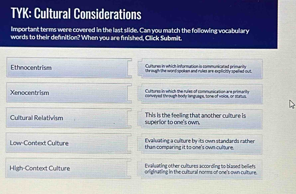 TYK: Cultural Considerations
Important terms were covered in the last slide. Can you match the following vocabulary
words to their defnition? When you are fnished, Click Submit.
Cultures in which information is communicated primarily
Ethnocentrism through the word spoken and rules are explicitly spelled out.
Cultures in which the rules of communication are primarily
Xenocentrism conveyed through body language, tone of voice, or status.
Cultural Relativism
This is the feeling that another culture is
superior to one’s own.
Low-Context Culture
Evaluating a culture by its own standards rather
than comparing it to one's own culture.
Evaluating other cultures according to biased beliefs
High-Context Culture originating in the cultural norms of one's own culture.