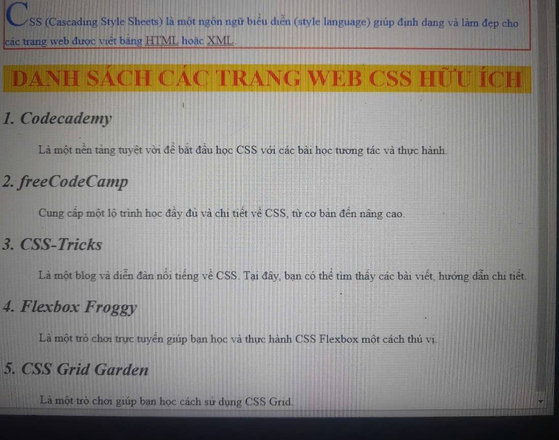 YSS (Cascading Style Sheets) là một ngôn ngữ biểu diễn (style language) giúp định dạng và làm đẹp cho 
các trang web được viết băng HTML hoặc XML 
DANH SÁCH CÁC TRANG WEB CSS HƯU ÍcH 
1. Codecademy 
Là một nền tảng tuyệt vời để bắt đầu học CSS với các bài học tương tác và thực hành. 
2. freeCodeCamp 
Cung cấp một lộ trình học đầy đủ và chi tiết về CSS, từ cơ bản đến nâng cao. 
3. CSS-Tricks 
Là một blog và diễn đàn nổi tiếng về CSS. Tại đây, bạn có thể tìm thầy các bài viết, hướng dẫn chi tiết. 
4. Flexbox Froggy 
Là một trò chơi trực tuyển giúp bạn học và thực hành CSS Flexbox một cách thú vị. 
5. CSS Grid Garden 
Là một trò chơi giúp ban học cách sử dụng CSS Grid.