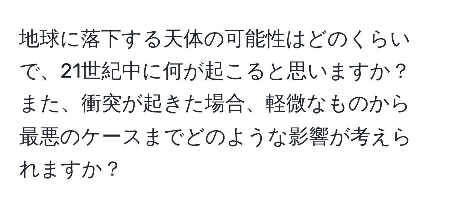 地球に落下する天体の可能性はどのくらいで、21世紀中に何が起こると思いますか？また、衝突が起きた場合、軽微なものから最悪のケースまでどのような影響が考えられますか？