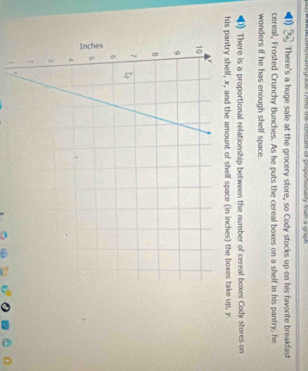 www iccom/math/grade 7 mikd the constant of-proportionality-from-a-graph 
There's a huge sale at the grocery store, so Cody stocks up on his favorite breakfast 
cereal, Frosted Crunchy Bunches. As he puts the cereal boxes on a shelf in his pantry, he 
wonders if he has enough shelf space. 
)) There is a proportional relationship between the number of cereal boxes Cody stores on 
his pantry shelf, x, and the amount of shelf space (in inches) the boxes take up, y. 
1
