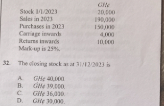 GHệ
Stock 1/1/2023 20,000
Sales in 2023 190,000
Purchases in 2023 150,000
Carriage inwards 4,000
Returns inwards 10,000
Mark-up is 25%.
32. The closing stock as at 31/12/2023 is
A. GHe 40,000.
B. GH¢ 39,000.
C. GH¢ 36,000.
D. GH¢ 30,000.