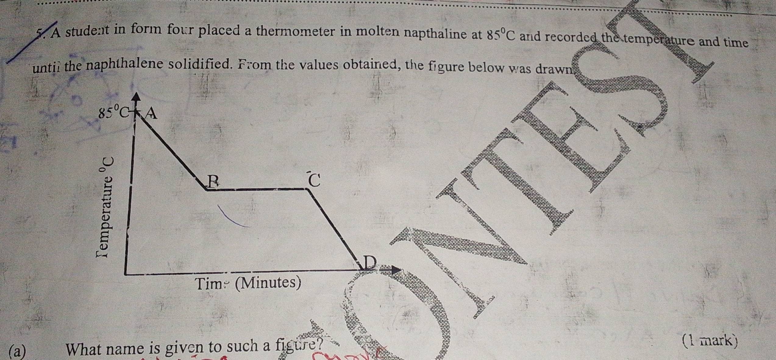 A student in form four placed a thermometer in molten napthaline at 85°C and recorded the temperature and time 
until the naphthalene solidified. From the values obtained, the figure below was drawn
85°C A
C 
D 
Tim (Minutes) 
(a) What name is given to such a figure? 
(1 mark)