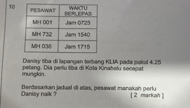 Danisy tiba di lapangan terbang KLIA pada pukul 4.25
petang. Dia perlu tiba di Kota Kinabalu secepat 
mungkin. 
Berdasarkan jadual di atas, pesawat manakah perlu 
Danisy naik ? [ 2 markah ]