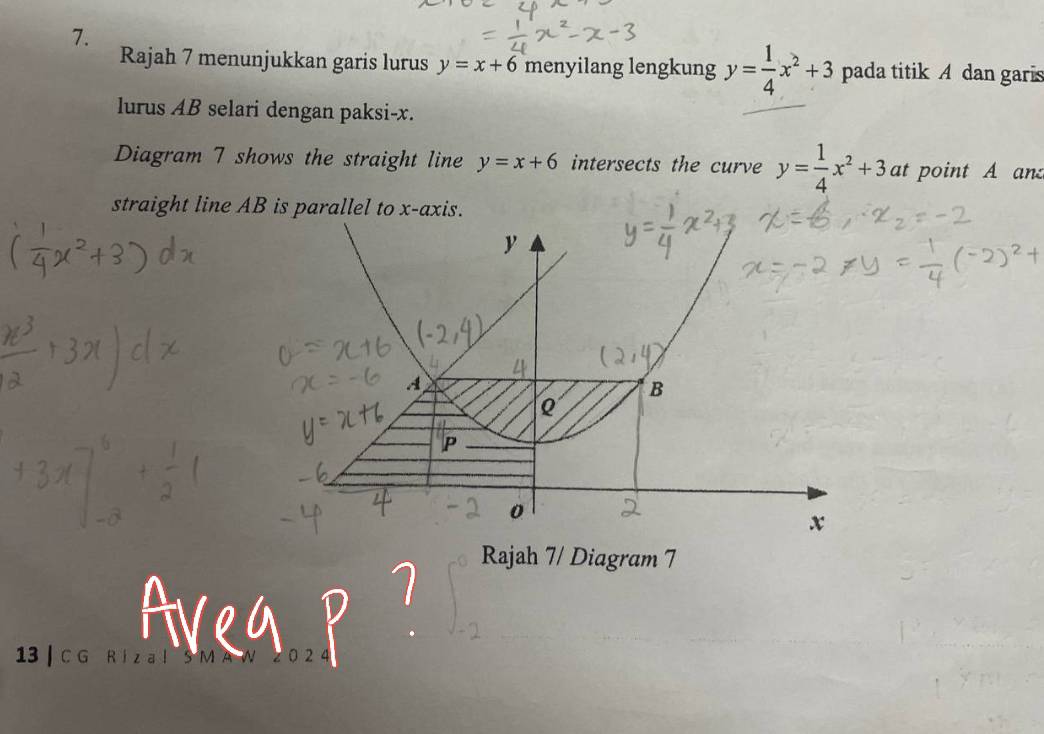 Rajah 7 menunjukkan garis lurus y=x+6 menyilang lengkung y= 1/4 x^2+3 pada titik A dan garis 
lurus AB selari dengan paksi- x. 
Diagram 7 shows the straight line y=x+6 intersects the curve y= 1/4 x^2+3 at point A an 
straight line AB is parallel to x-axis. 
Rajah 7/ Diagram 7 
13 | C G R i z a! S M A W 024