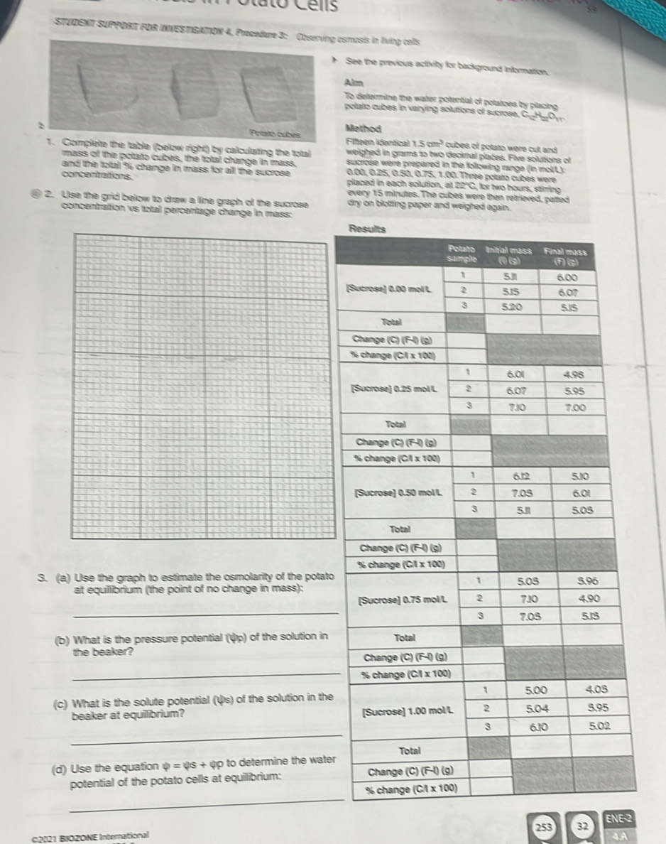 ato Céns
STUDENT SUPPORIT FOR INVESTIGATION 4, Procedure 3:  osmosis in living cells
See the previous activity for background Information.
Alm
To determine the water potential of polatoes by placing
potato cubes in varying solutions of sucrose, C_10H_2O_11
Method
Filteen Identical 1.5cm^3 cubes of potato were cut and 
mplete the table (below right) by calculating the total sucrose were prepared in the following range (in mol/L):
weighed in grams to two decimal places. Five solutions of
mass of the potato cubes, the total change in mass,
and the total 9 change in mass for all the sucrose 0.00, 0.25, 0.50, 0.75, 1.00. Three polato cubes were
concentrations. placed in each solution, at -2x G, lot two hours, stirring
every 15 minutes. The cubes were then retrieved, patted
2. Use the grid below to draw a line graph of the sucrose dry on blotting paper and weighed again.
concentration vs total percentage change in mass:
S. (a) Use the graph to estimate the osmolarity of the potato
at equillibrium (the point of no change in mass):
_
(b) What is the pressure potential (ψp) of the solution in
the beaker?
_
(c) What is the solute potential (ψs) of the solution in the
beaker at equillibrium? 
_
(d) Use the equation varphi =varphi s+varphi p to determine the water
potential of the potato cells at equilibrium: 
_
253 32 ENE-2
C2021 BIOZONE International