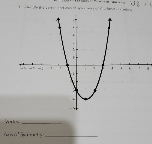 umawark - Features of Quadratic Functions 
1. Identify the vertex and axis of symmetry of the function below. 
8 
Vertex:_ 
Axis of Symmetry:_