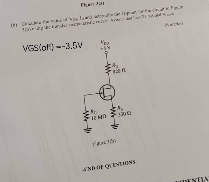 Figure 3(a)
(b) Calculate the value of V₆s, Ι and determine the Q-point for the circuit in Figure
3(b) using the transfer characteristic curve. Assume that l_DSS=25mA and overline cd s(aff).
(6 marks)
-END OF QUESTIONS-
Dentia