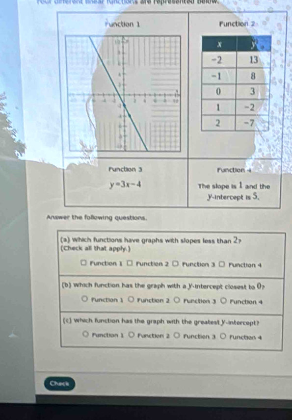 Feur dinerent lnear functons are represene beow
Punction 1 Function 2
Function 3 Function -
y=3x-4 The slope is 1 and the
y-intercept is 5.
Answer the following questions.
(a) which functions have graphs with slopes less than 2?
(Check all that apply.)
Function 1 - Function 2 - Function 3 - Function 4
(b) which function has the graph with a )'intercept closest to 0?
Function 1 Function 2 ○ runction 3 Function 4
(c) which function has the graph with the greatest y-intercept?
Punction 1 Function 2 ○ Function 3 Function 4
Check