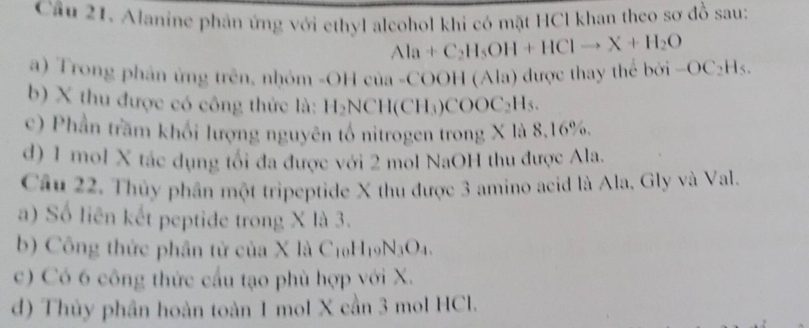 Cầu 21. Alanine phản ứng với ethyl alcohol khi có mặt HCl khan theo sơ đồ sau:
Ala+C_2H_5OH+HClto X+H_2O
a) Trong phản ứng trên, nhóm -OHcua-COOH(Ala) a) được thay thể bởi -OC_2H_5
b) X thu được có công thức là: H H_2NCH(CH_3)COOC_2H_5. 
c) Phần trầm khối lượng nguyên tố nitrogen trong X là 8, 16%. 
d) 1 mol X tác dụng tối đa được với 2 mol NaOH thu được Ala. 
Câu 22. Thủy phân một tripeptide X thu được 3 amino acid là Ala, Gly và Val. 
a) Số liên kết peptide trong X là 3. 
b) Công thức phân từ của X là C10H19 N_3O_4. 
c) Có 6 công thức cấu tạo phù hợp với X. 
d) Thủy phần hoàn toàn 1 mol X cần 3 mol HCl.