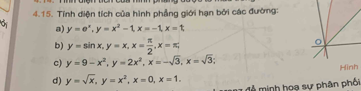 Tính diện tích của hình phẳng giới hạn bởi các đường: 
Ởi 
a) y=e^x, y=x^2-1, x=-1, x=1; 
b) y=sin x, y=x, x= π /2 , x=π; 
c) y=9-x^2, y=2x^2, x=-sqrt(3), x=sqrt(3); 
Hình 
d) y=sqrt(x), y=x^2, x=0, x=1. 
m7 để minh hoạ sự phân phối