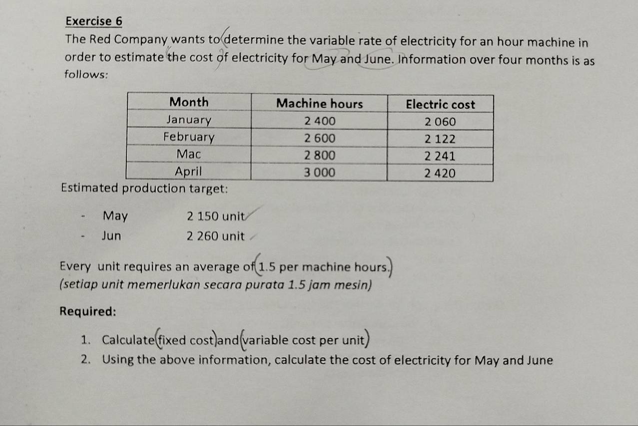 The Red Company wants to determine the variable rate of electricity for an hour machine in 
order to estimate the cost of electricity for May and June. Information over four months is as 
follows: 
Estima 
May 2 150 unit 
Jun 2 260 unit 
Every unit requires an average of 1.5 per machine hours. 
(setiap unit memerlukan secara purata 1.5 jam mesin) 
Required: 
1. Calculate fixed cost and variable cost per unit 
2. Using the above information, calculate the cost of electricity for May and June