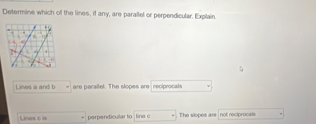 Determine which of the lines, if any, are parallel or perpendicular. Explain.
Lines a and b are parallel. The slopes are reciprocals
Lines c is perpendicular to line c. The slopes are not reciprocals