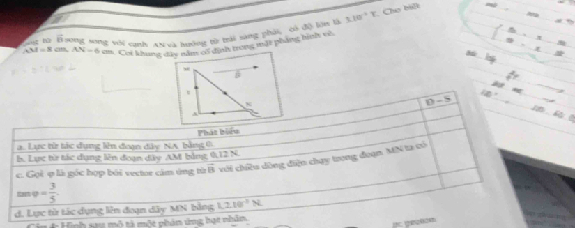 tnc bù vector B song song với canh AN và hướng từ trải sang phải, có độ lớn là 3.10^(-5)T
Cho biết
AM=8cm, AN=6cm 1 Coi khung dây nằm cổ định trong mặt phảng bình vô
M
B
t
D -5
Jog^(C
Phát biểu
a. Lực từ tác dụng lên đon dây NA, bằng 0.
b. Lực từ tác dụng lên đoạn dây AM bảng 0,12 N.
tan varphi =frac 3)5. với chiều dùng điện chụy trong đoạn MN ta có
c. Gọi φ là góc hợp bởi vector cảm ứng từ vector B
d. Lực từ tác dụng lên đoạn dây MN bằng L2.10^(-3)N. 
T in # Hình sau mô tả một phản ứng hạt nhân
p gé