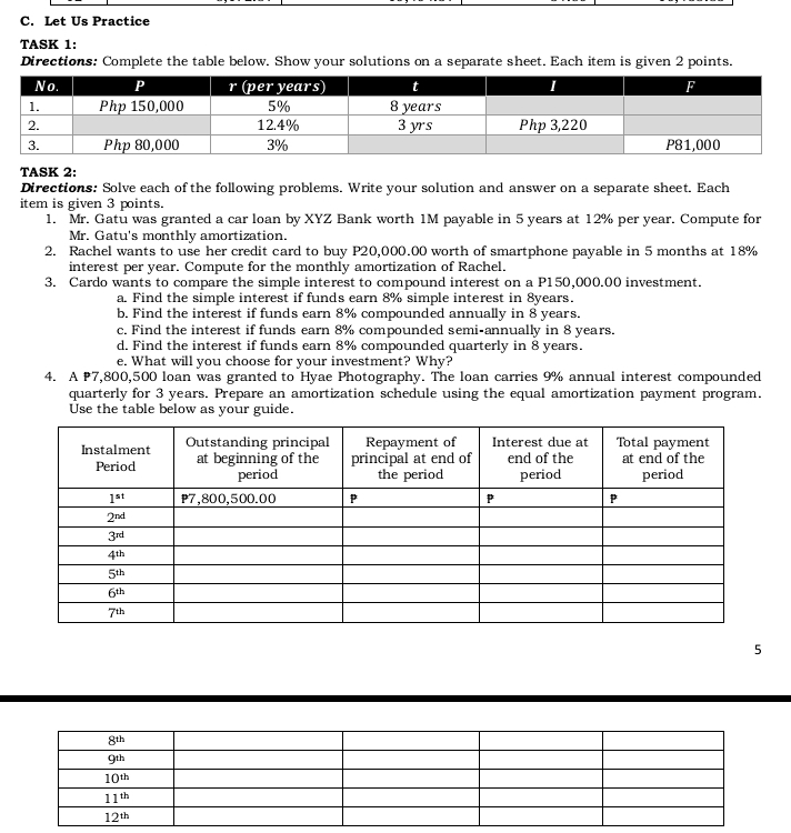 Let Us Practice
TASK 1:
Directions: Complete the table below. Show your solutions on a separate sheet. Each item is given 2 points.
TASK 2:
Directions: Solve each of the following problems. Write your solution and answer on a separate sheet. Each
item is given 3 points.
1. Mr. Gatu was granted a car loan by XYZ Bank worth 1M payable in 5 years at 12% per year. Compute for
Mr. Gatu's monthly amortization.
2. Rachel wants to use her credit card to buy P20,000.00 worth of smartphone payable in 5 months at 18%
interest per year. Compute for the monthly amortization of Rachel.
3. Cardo wants to compare the simple interest to compound interest on a P150,000.00 investment.
a. Find the simple interest if funds earn 8% simple interest in 8years.
b. Find the interest if funds earn 8% compounded annually in 8 years.
c. Find the interest if funds earn 8% compounded semi-annually in 8 years.
d. Find the interest if funds earn 8% compounded quarterly in 8 years.
e. What will you choose for your investment? Why?
4. A 7,800,500 loan was granted to Hyae Photography. The loan carries 9% annual interest compounded
quarterly for 3 years. Prepare an amortization schedule using the equal amortization payment program.
Use the table below as your guide.
5