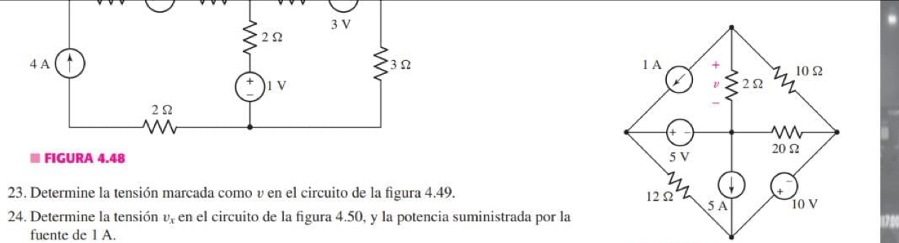 FIGURA 4.48 
23. Determine la tensión marcada como v en el circuito de la figura 4.49. 
24. Determine la tensión v_x en el circuito de la figura 4.50, y la potencia suministrada por la 
fuente de 1 A.