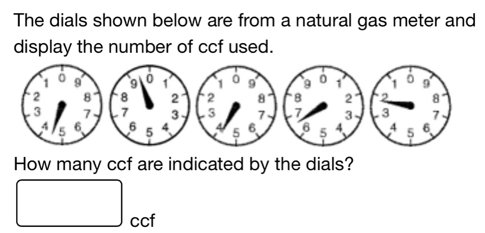 The dials shown below are from a natural gas meter and 
display the number of ccf used. 




How many ccf are indicated by the dials? 
ccf