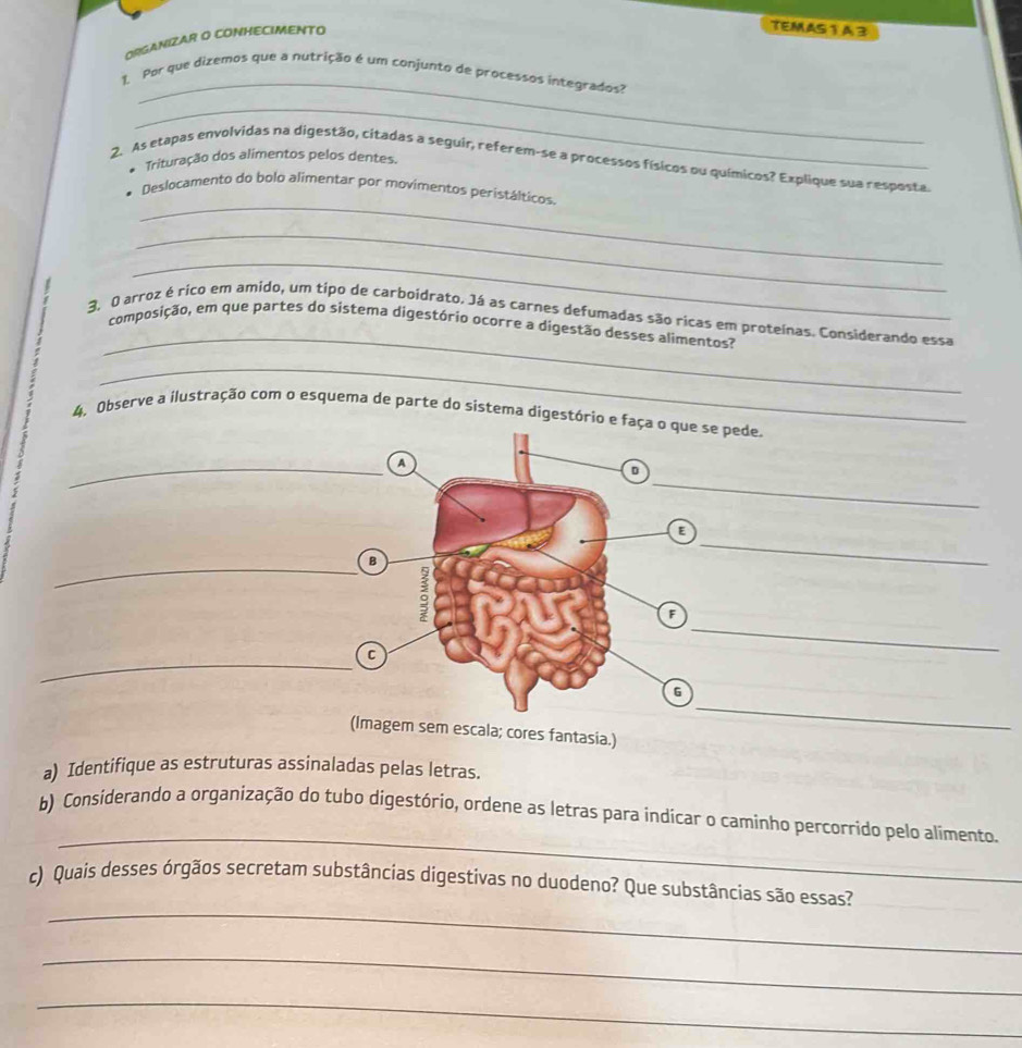 ORGANIZAR O CONHECIMENTO 
TEMAS 1 A 3 
_ 
1. Por que dizemos que a nutrição é um conjunto de processos integrados? 
_ 
* Trituração dos alimentos pelos dentes. 
2. As etapas envolvidas na digestão, citadas a seguir, referem-se a processos físicos ou químicos? Explique sua resposta 
_ 
Deslocamento do bolo alimentar por movimentos peristálticos. 
_ 
_ 
_ 
3, O arroz é rico em amido, um tipo de carboidrato. Já as carnes defumadas são ricas em proteínas. Considerando essa 
composição, em que partes do sistema digestório ocorre a digestão desses alimentos? 
_ 
4, Observe a ilustração com o esquema de parte do sístema digestório e faça o que se pede. 
_a 
_ 
0 
a 
_B 
_ 
_ 
F 
_ 
C 
_ 
G 
(Imagem sem escala; cores fantasia.) 
a) Identifique as estruturas assinaladas pelas letras. 
_ 
b) Considerando a organização do tubo digestório, ordene as letras para indicar o camínho percorrido pelo alimento. 
_ 
c) Quais desses órgãos secretam substâncias digestivas no duodeno? Que substâncias são essas? 
_ 
_