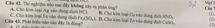 MgCl
Câu 42. Thí nghiệm nào sau đây không xảy ra phản ứng? Câu 7
A. Cho kim loại Ag vào dung dịch HCl. B. Cho kim loại Cu vào dung dịch HNO_3. (1)
C. Cho kim loại Fe vào dung dịch Fe_2(SO_4)_3. D. Cho kim loại Zn vào dung dịch CuSO_4. (2) (3)
Câu 43. Phát biểu nào sau đây là đúng?