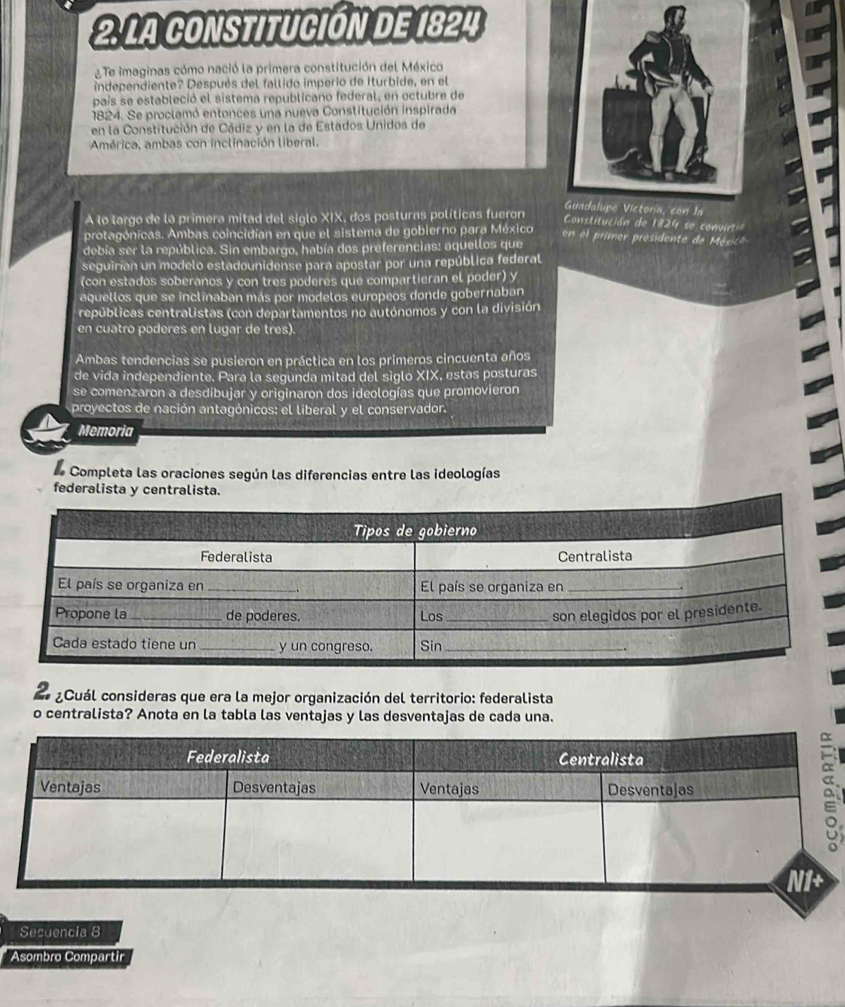 LA CONSTITUCIÓN DE 1824 
¿ Te imaginas cómo nació la primera constitución del México 
independiente? Después del fallido imperio de Iturbide, en el 
país se estableció el sistema republicano federal, en octubre de 
1824. Se proclamó entonces una nueva Constitución inspirada 
en la Constitución de Cádiz y en la de Estados Unidos de 
América, ambas con inclinación liberal. 
A lo largo de la primera mitad del siglo XIX, dos posturas políticas fueron 
Constitución de 1824 se convirt ó 
protagónicas. Ambas coincidían en que el sistema de gobierno para México 
en el primer presidente de Méxicó 
debía ser la república. Sin embargo, había dos preferencias: aquellos que 
seguirían un modelo estadounidense para apostar por una república federal 
(con estados soberanos y con tres poderes que compartieran el poder) y 
aquellos que se inclinaban más por modelos europeos donde gobernaban 
repúblicas centralistas (con departamentos no autónomos y con la división 
en cuatro poderes en lugar de tres). 
Ambas tendencias se pusieron en práctica en los primeros cincuenta años 
de vida independiente. Para la segunda mitad del siglo XIX, estas posturas 
se comenzaron a desdibujar y originaron dos ideologías que promovieron 
proyectos de nación antagónicos: el liberal y el conservador. 
Memoria 
d Completa las oraciones según las diferencias entre las ideologías 
federalista y centralista. 
¿Cuál consideras que era la mejor organización del territorio: federalista 
o centralista? Anota en la tabla las ventajas y las desventajas de cada una. 
Sesuencia 8 
Asombro Compartir