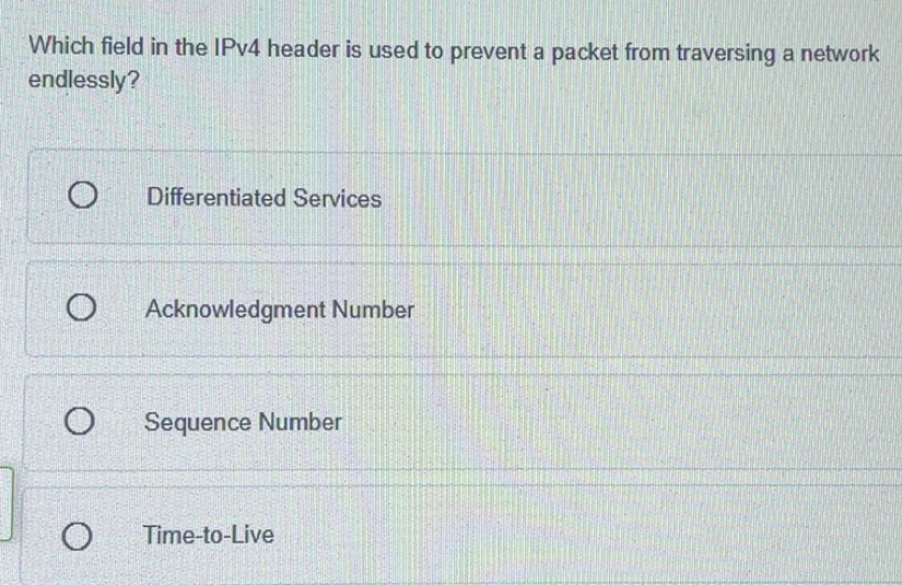 Solved: Which field in the IPv4 header is used to prevent a packet from ...