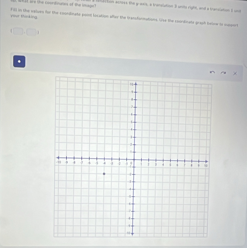 what are the coordinates of the image? 
a renaction across the y-axis, a translation 3 units right, and a translation 1 unit 
your thinking. 
Fill in the values for the coordinate point location after the transformations. Use the coordinate graph below to support 
.