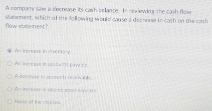 Solved: A company saw a decrease its cash balance. In reviewing the ...