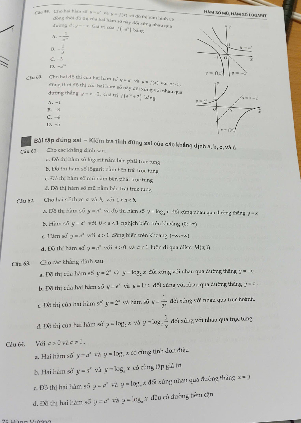 hÀM Số Mũ, hàM Số logarIt
Câu 59. Cho hai hàm số y=a^x và y=f(x) có đồ thị như hình vẽ
đồng thời đồ thị của hai hàm số này đối xứng nhau qua
dường d:y=-x :. Giá trị của f(-a^3) bằng
A. - 1/a^(3a) 
B. - 1/3 
C. -3
D. -a^(3a)
Câu 60. Cho hai đồ thị của hai hàm số y=a^x và y=f(x) với a>1,
đồng thời đồ thị của hai hàm số này đối xứng với nhau qua
dường thắng y=x-2. Giá trị f(a^(-3)+2) bằng
A. −1
B. -3
C. -4
D. -5
Bài tập đúng sai - Kiểm tra tính đúng sai của các khẳng định a, b, c, và d
Câu 61. Cho các khắng định sau.
a. Đồ thị hàm số lôgarit nằm bên phải trục tung
b. Đồ thị hàm số lôgarit nằm bên trái trục tung
c. Đồ thị hàm số mũ nằm bên phải trục tung
d. Đồ thị hàm số mũ nằm bên trái trục tung
Câu 62. Cho hai số thực a và b, với 1
a. Đồ thị hàm số y=a^x và đồ thị hàm số y=log _ax đối xứng nhau qua đường thắng y=x
b. Hàm số y=a^x với 0 nghịch biến trên khoảng (0;+∈fty )
c. Hàm số y=a^x với a>1 đồng biến trên khoảng (−∞; +∞)
d. Đồ thị hàm số y=a^x với a>0 và a!= 1 luôn đi qua điểm M(a;1)
Câu 63. Cho các khắng định sau
a. Đồ thị của hàm số y=2^x và y=log _2x đối xứng với nhau qua đường thắng y=-x.
b. Đồ thị của hai hàm số y=e^x và y=ln x đối xứng với nhau qua đường thắng y=x.
c. Đồ thị của hai hàm số y=2^x và hàm số y= 1/2^x  đối xúứng với nhau qua trục hoành.
d. Đồ thị của hai hàm số y=log _2x và y=log _2 1/x  đối xứng với nhau qua trục tung
Câu 64. Với a>0 và a!= 1.
a. Hai hàm số y=a^x và y=log _ax có cùng tính đơn điệu
b. Hai hàm số y=a^x và y=log _a x có cùng tập giá trị
c. Đồ thị hai hàm số y=a^x và y=log _a x đối xứng nhau qua đường thắng x=y
đ. Đồ thị hai hàm số y=a^x và y=log _ax đều có đường tiệm cận