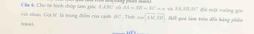 on den náng phân mưo i 
Câu 6. Cho tứ hình chóp tam giác S. ABC có SA=SB=SC=a và SA, SB, SC đôi một vuông góc 
với nhau. Gọi M là trung điểm của cạnh BC. Tính cos (vector AM,vector SB). (kết quả làm tròn đến hàng phần 
trăm). 
_hết