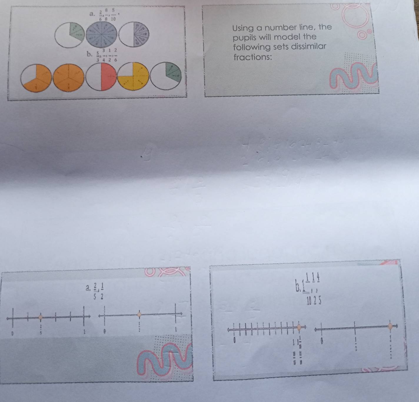 Using a number line, the

pupils will model the
following sets dissimilar
fractions:
a.  2/5 + 1/2 
h  1/10 : 1025endarray
。 5
0
0
0
: