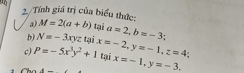 2./Tính giá trị của biểu thức: 
a) M=2(a+b)taia=2, b=-3; 
b) N=-3xyztaix=-2, y=-1, z=4; 
c) P=-5x^3y^2+1taix=-1, y=-3. 
4-_ 