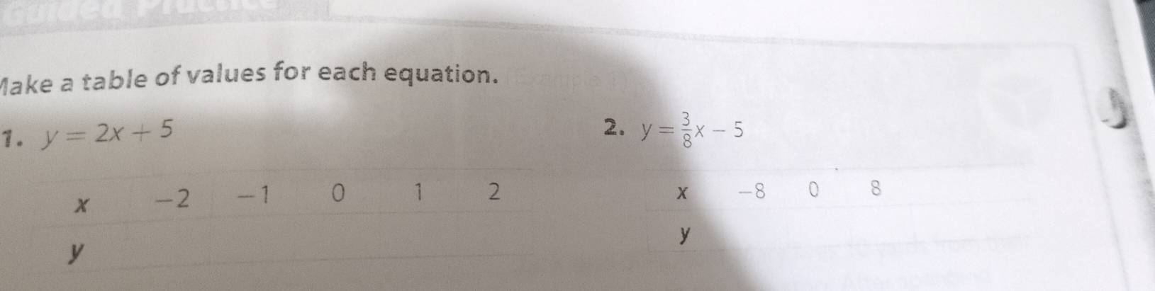 Make a table of values for each equation.
2.
1. y=2x+5 y= 3/8 x-5