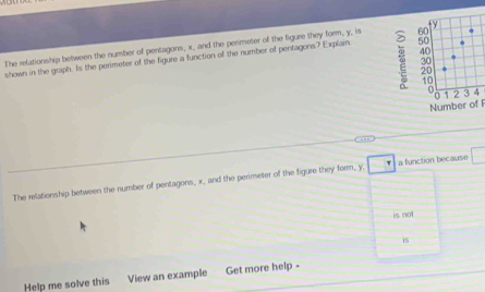 The relationship between the number of pentagons, x, and the perimeter of the figure they form, y, is
40
shown in the graph. Is the perimeter of the figure a function of the number of pentagons? Explain 99 y.
30
20
10
1 2 3 4
Number of 

The relationship between the number of pentagons, x, and the perimeter of the figure they form, y □ a function because □ 
is not 
iS 
Help me solve this View an example Get more help -