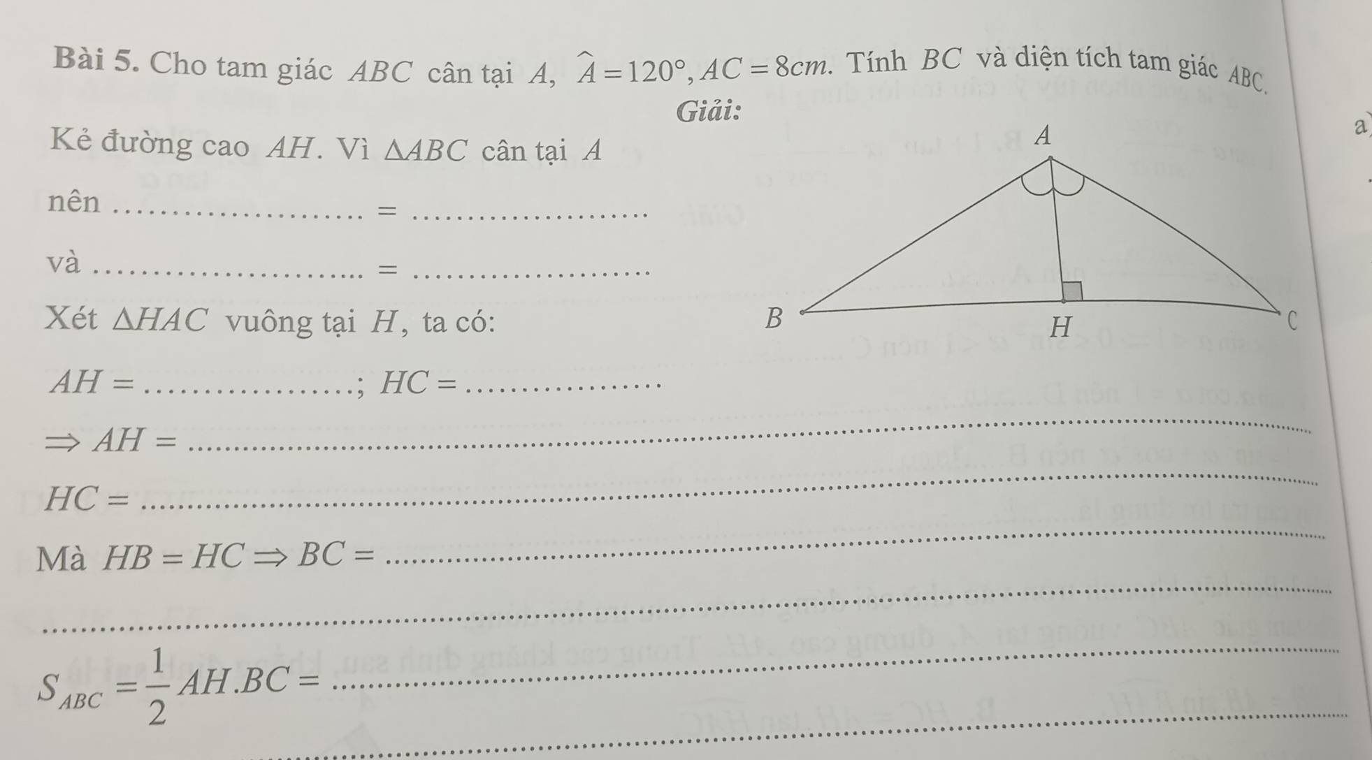 Cho tam giác ABC cân tại A, widehat A=120°, AC=8cm. Tính BC và diện tích tam giác ABC. 
Giải: 
Kẻ đường cao AH. Vì △ ABC cân tại A 
nên_ 
_= 
và_ 
_= 
Xét △ HAC vuông tại H, ta có:
AH= _ 
. ; HC= _
Rightarrow AH=
_ 
_
HC=
_ 
_ 
Mà HB=HCRightarrow BC=
S_ABC= 1/2 AH. BC= _ 
_