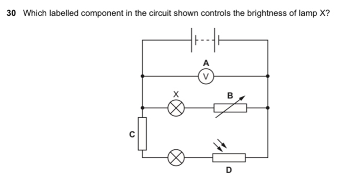 Which labelled component in the circuit shown controls the brightness of lamp X?
D