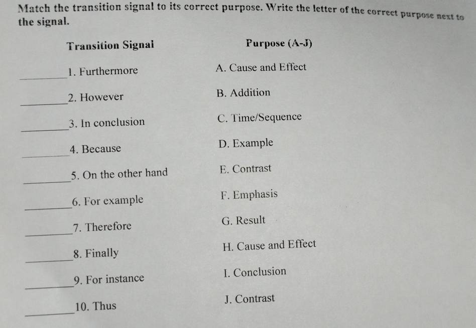 Match the transition signal to its correct purpose. Write the letter of the correct purpose next to
the signal.
Transition Signal Purpose (A-J)
_
1. Furthermore A. Cause and Effect
_
2. However B. Addition
_
3. In conclusion C. Time/Sequence
_
4. Because D. Example
_
5. On the other hand E. Contrast
_
6. For example F. Emphasis
_
7. Therefore G. Result
_
8. Finally H. Cause and Effect
_
9. For instance I. Conclusion
_
10. Thus J. Contrast